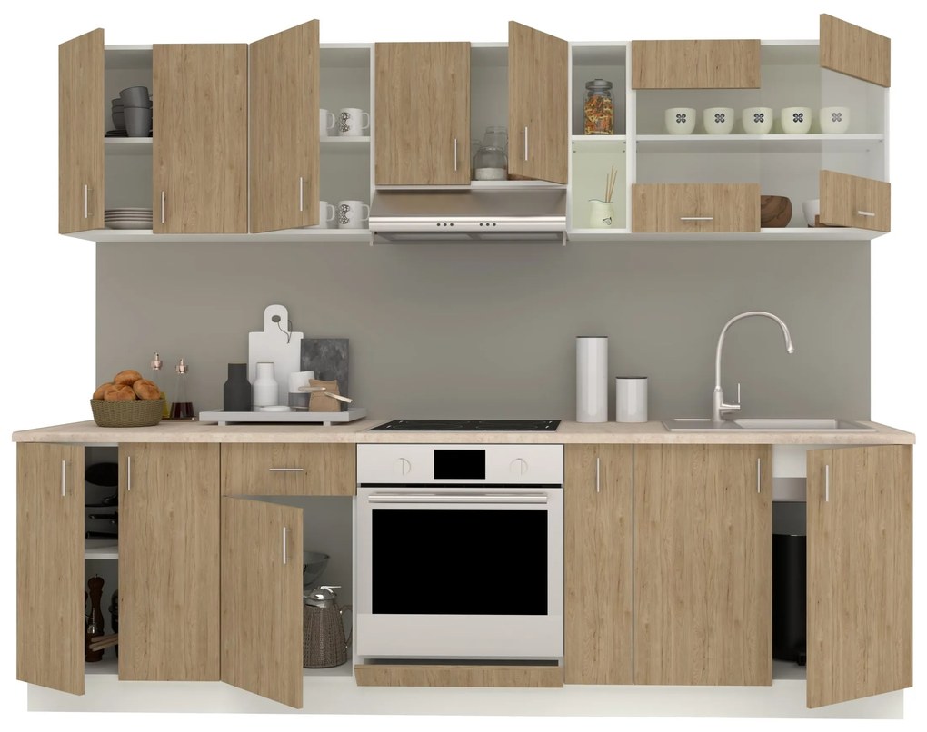 Set Bucatarie Karo V19, Lemn Natural/Alb, Blat Thermo 28 mm, L 260 cm