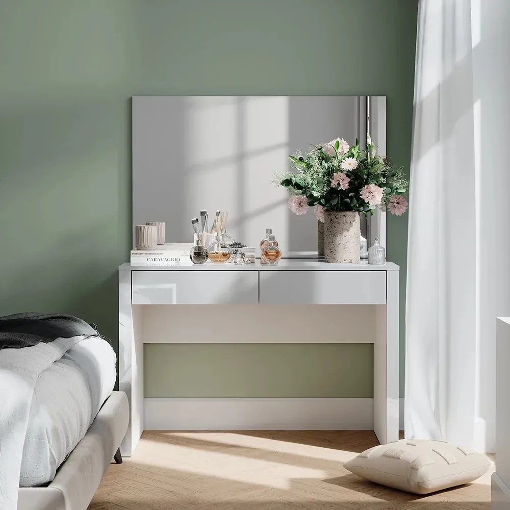 SEA812 - Set Masa toaleta, 110 cm, moderna cosmetica machiaj oglinda cu sau fără LED, masuta vanity cu sau fără Scaun - Alb Lucios