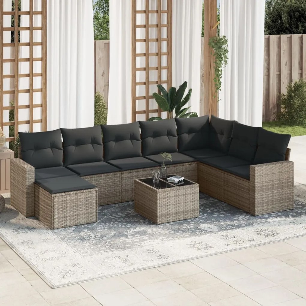 vidaXL Set canapele de grădină, 9 piese, cu perne, gri, poliratan