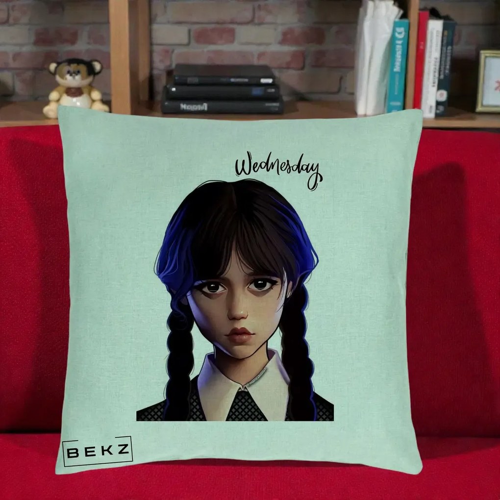 Perna Personalizata Wednesday Addams Portret Realist, 40x40 cm, Verde Menta, Husa Detasabila, Perna Inclusa, BEKZ®