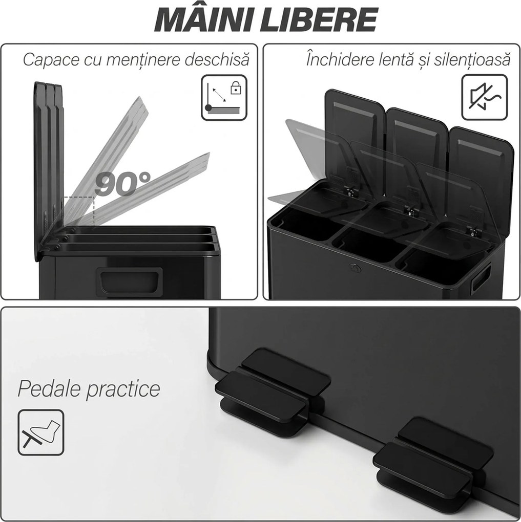 HOMCOM Coș de Gunoi cu 3 Secțiuni de 20L cu Pedală și 2 Capace cu Închidere Silențioasă, Coș de Gunoi din Oțel Inoxidabil și PP, 61.9x36.6x56.7 cm, Negru | Aosom Romania