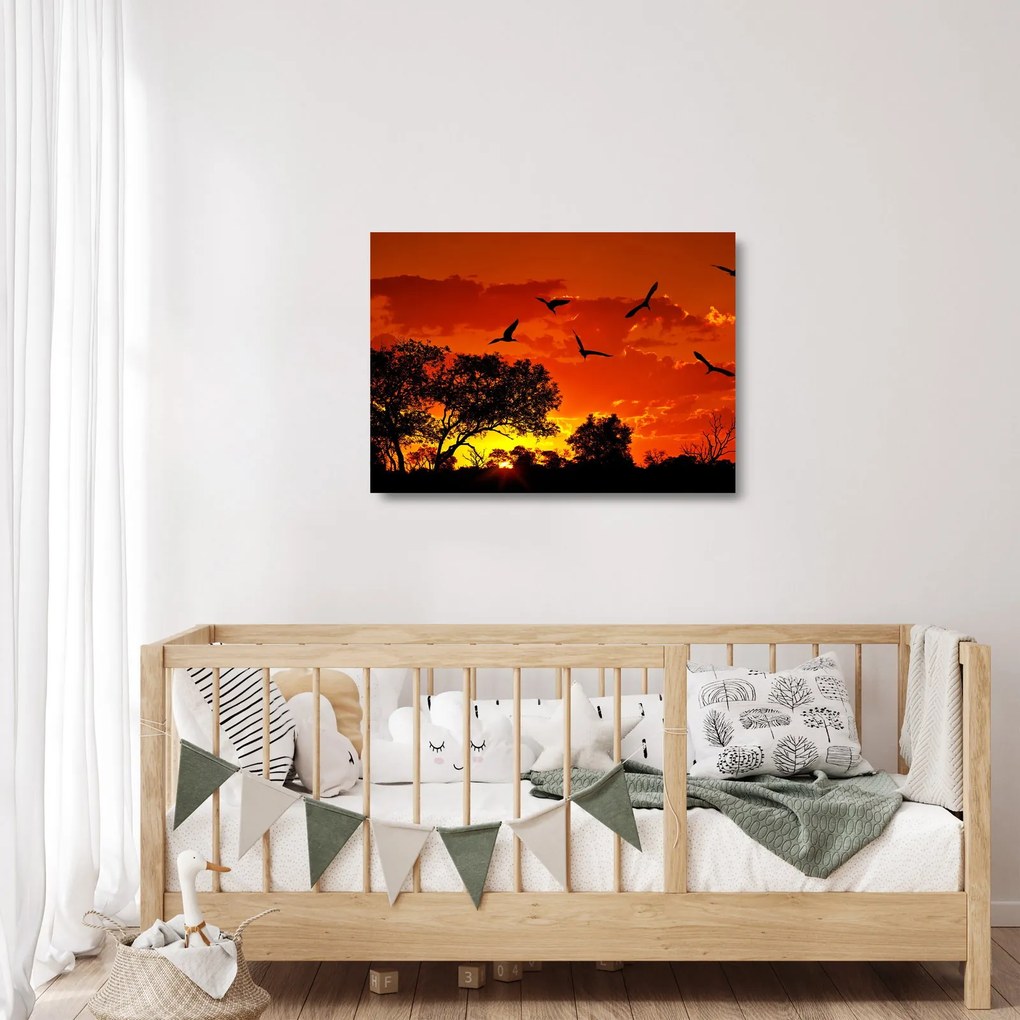 Tablou pe sticlă cu păsări în apus de soare (70x50 cm)