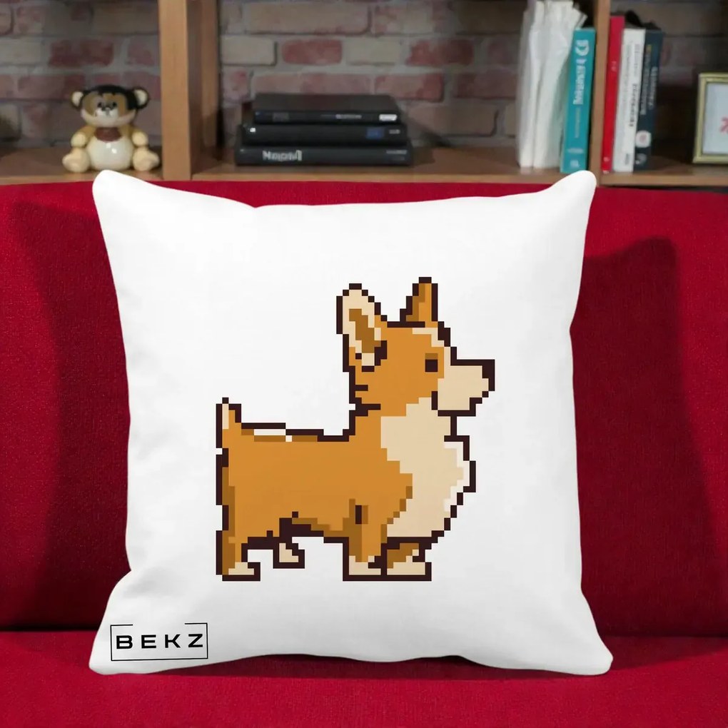 Perna Personalizata Corgi Pixel Art, 40x40 cm, Alba Mata, Husa Detasabila, Perna Inclusa, BEKZ®