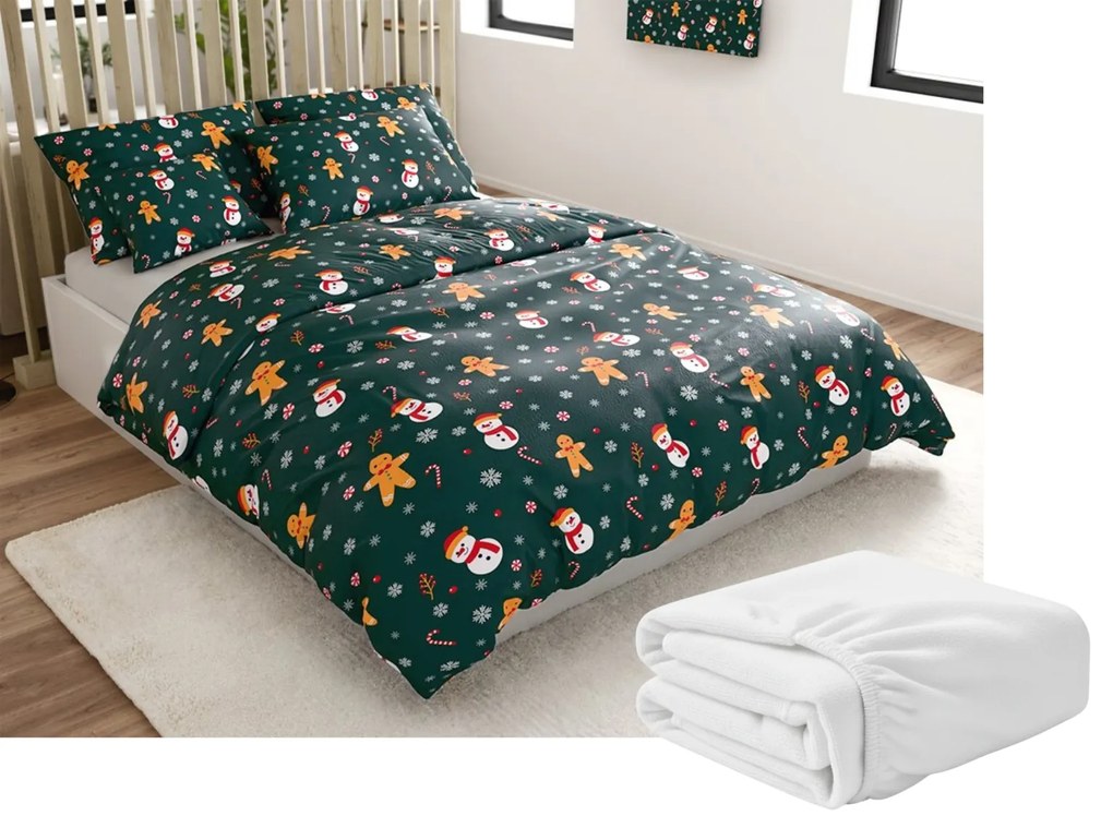 Set 2 buc lenjerie cocolino SNOWMAN AND GINGERBREAD verde + cearsaf Cocolino microplus cu elastic SOFT 180x200 cm alb, pat dublu