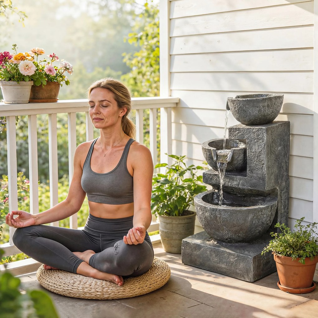 Outsunny Fântână în 3 trepte Fântână de grădină cu iluminare LED și pompă, aspect piatră, reglabilă 40 x 37 x 61 cm | Aosom Romania