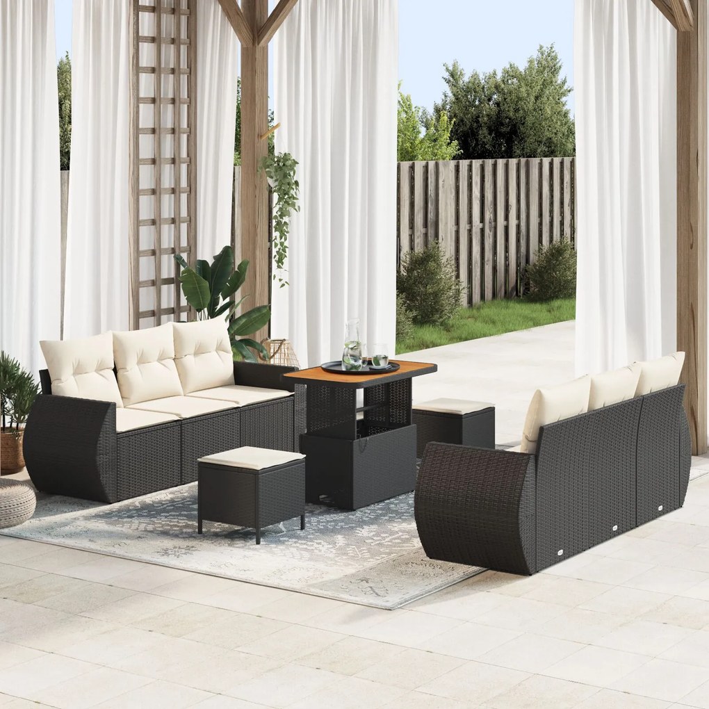 vidaXL Set de canapele de grădină , 9 piese cu perne, din ratan poly negru și acacia