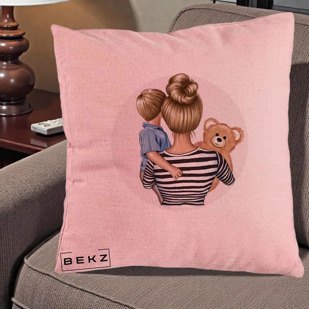 Cadou pentru Mama - Perna Personalizata Mama si Baietelul cu Ursulet, 40x40 cm, Roz, Husa Detasabila, Perna Inclusa, BEKZ®