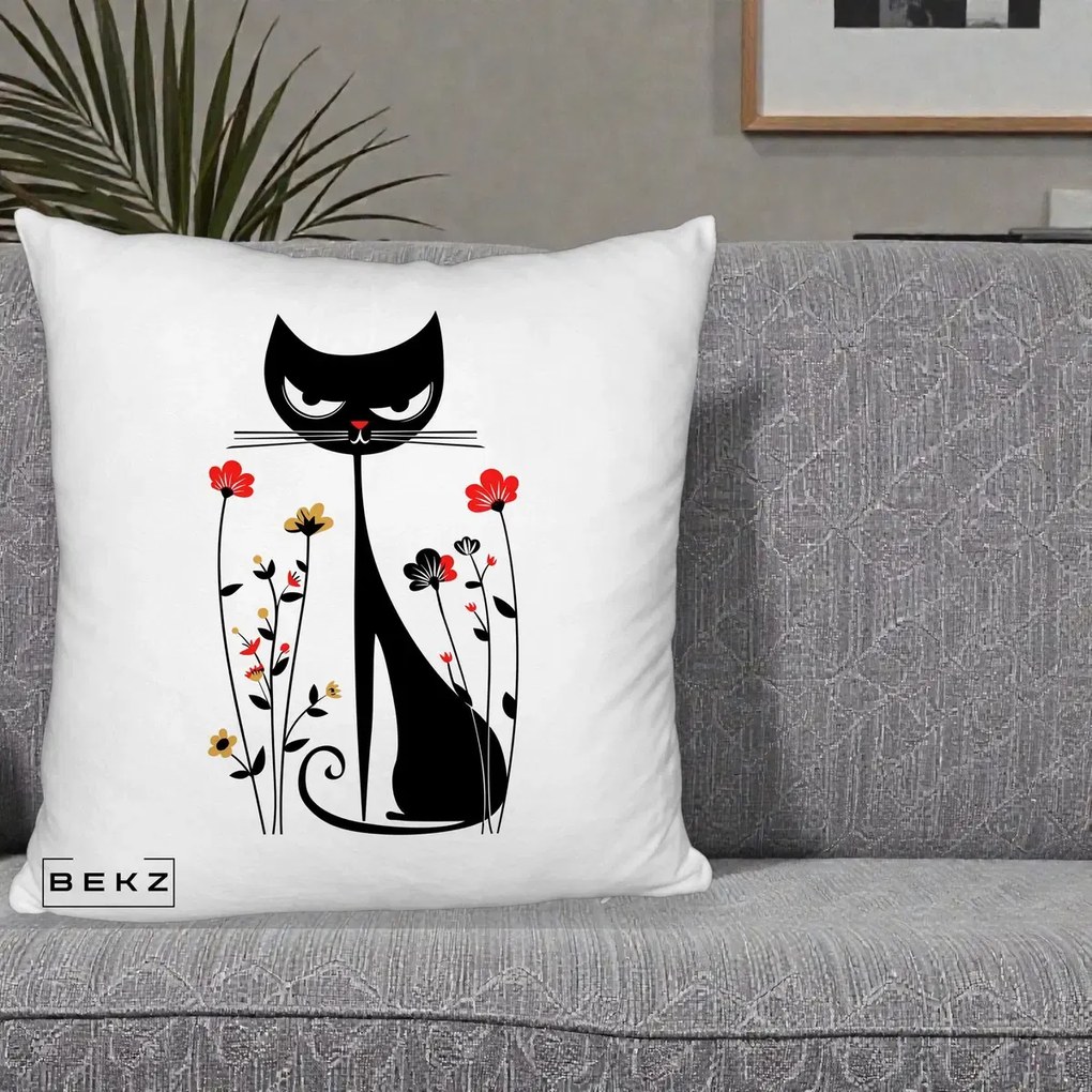 Perna Decorativa Pisica Neagra Grafica Flori Rosii, 40x40 cm, Alb Pufos, Husa Detasabila, Perna Inclusa, BEKZ®