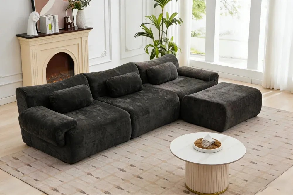 VELORA – Canapea Modulară din Chenille Premium, din spumă de înaltă densitate, L-Shape, 3 perne, Ultra Confort & Design Reconfigurabil, Negru