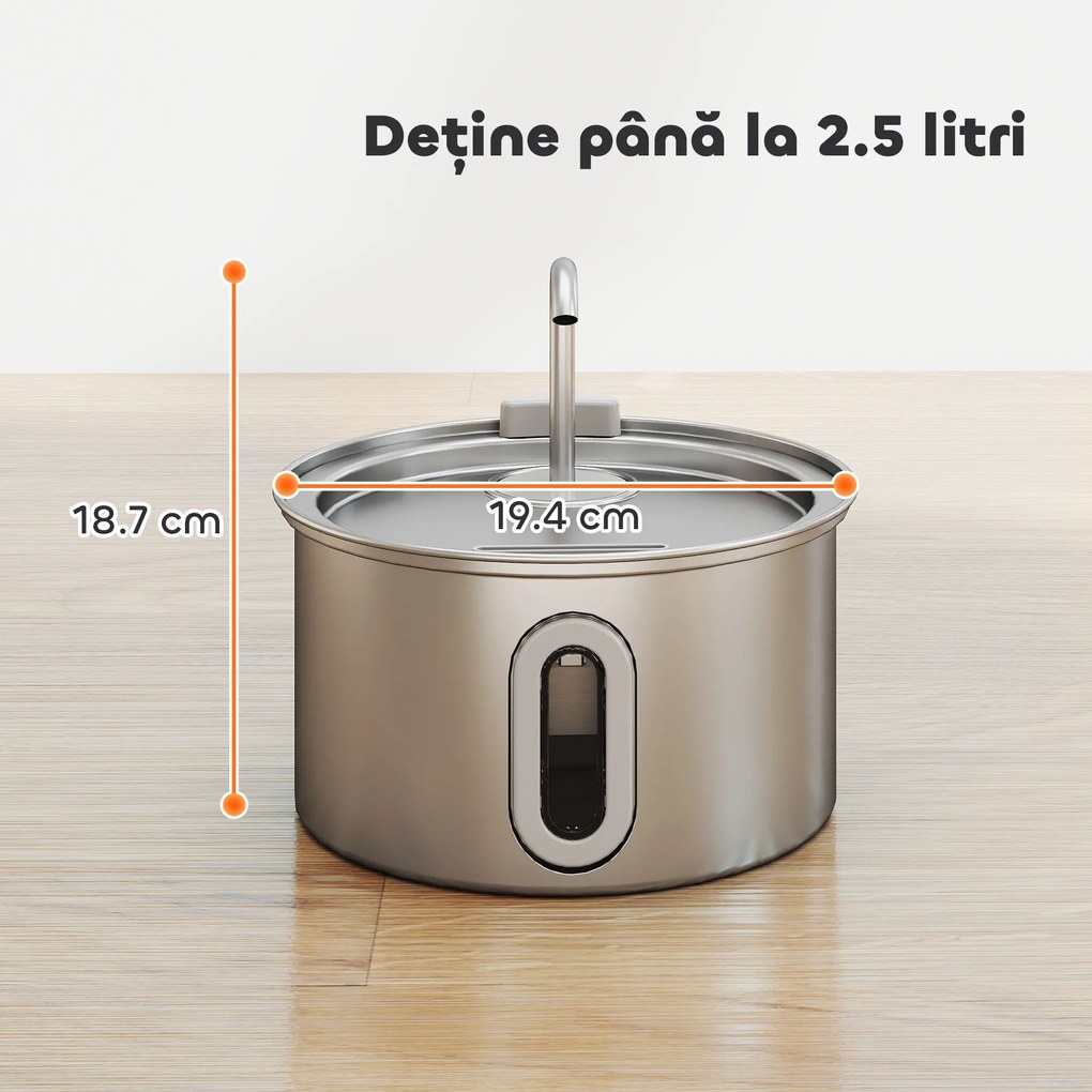 PawHut Fântână din Inox 2,5L pentru Pisici cu LED și 2 Moduri de Flux, Argintiu | Aosom Romania