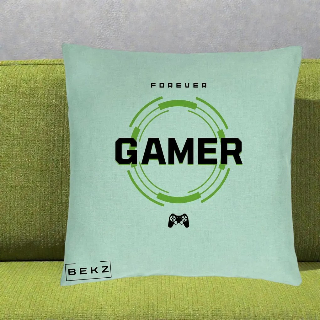 Perna Personalizata Forever Gamer, 40x40 cm, Verde Menta, Husa Detasabila, Perna Inclusa, BEKZ®