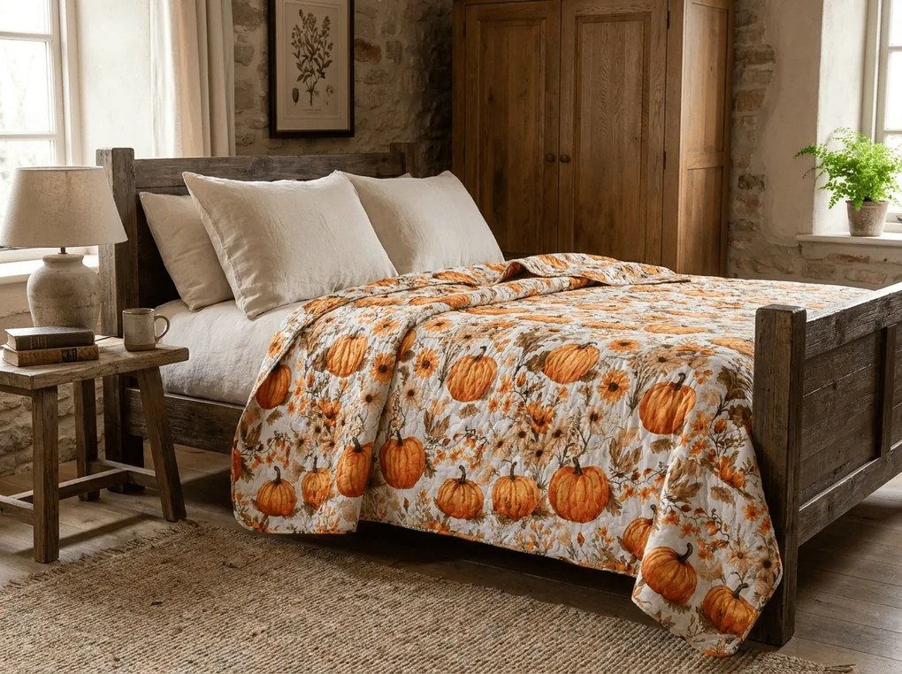 Cuvertura de pat FLOWERS AND PUMPKINS, portocaliu Dimensiune: 220 x 240 cm