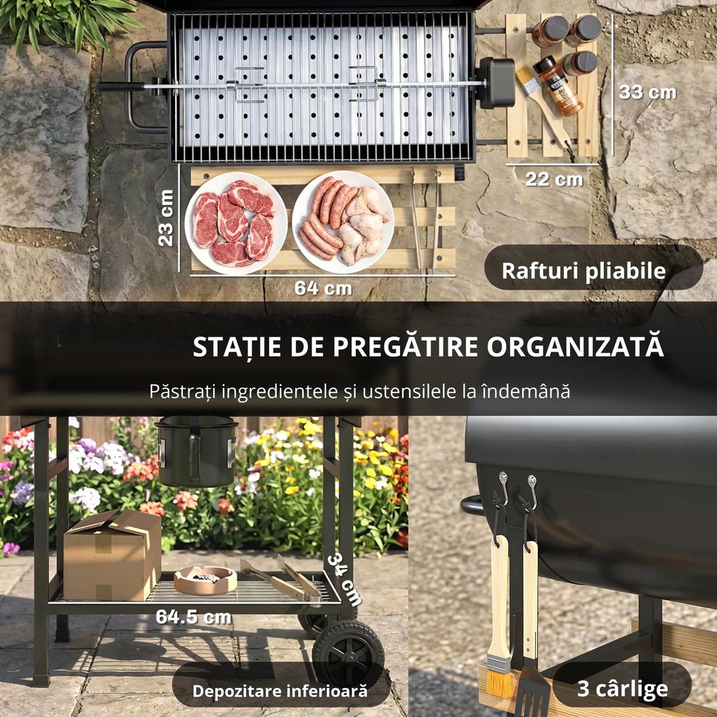 Outsunny Grătar pe cărbuni cu căruț de gătit, etajere pliabile, termometru, roți, rotisor electric, negru | Aosom Romania