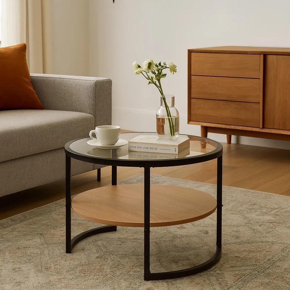 Măsuță de cafea neagră/în culoare naturală rotundă cu aspect de lemn de stejar ø 68 cm Zanu – Bonami Essentials