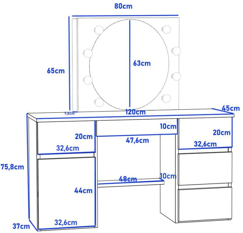 Masuta machiaj cu Oglinda LED si 5 Sertare pentru Cosmetice, Set Masa toaleta 120 cm, Alb, masuta cosmetica, vanity - SEA545