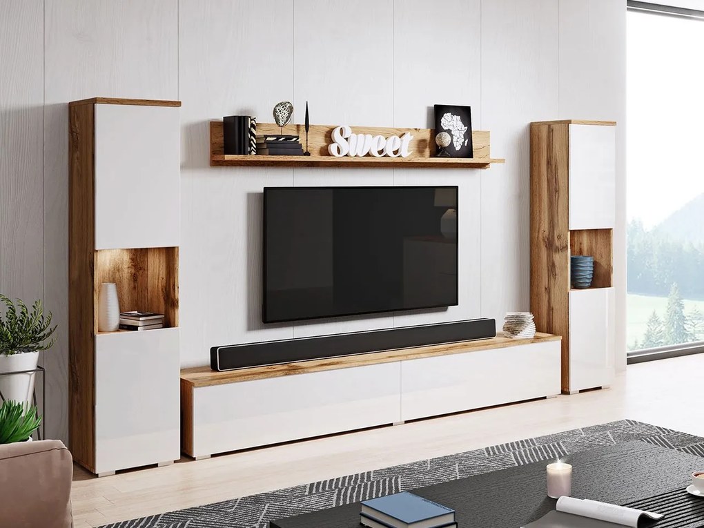 Mobilier living Nova XL (Stejar wotan + Alb lucios) (Iluminat LED alb). 1060057