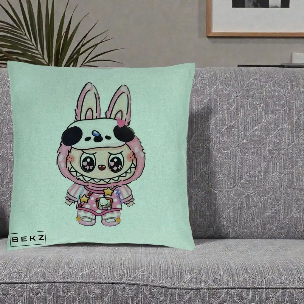 Perna Personalizata Labubu Panda-Bunny Roz, 40x40 cm, Verde Menta, Husa Detasabila, Perna Inclusa, BEKZ®
