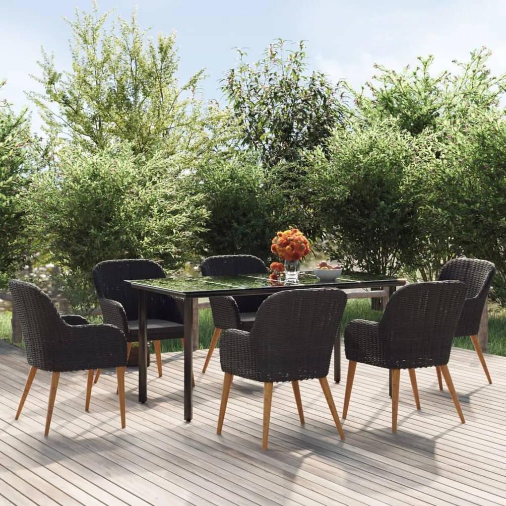 vidaXL Set de masă pentru grădină, 7 piese, cu perne, negru