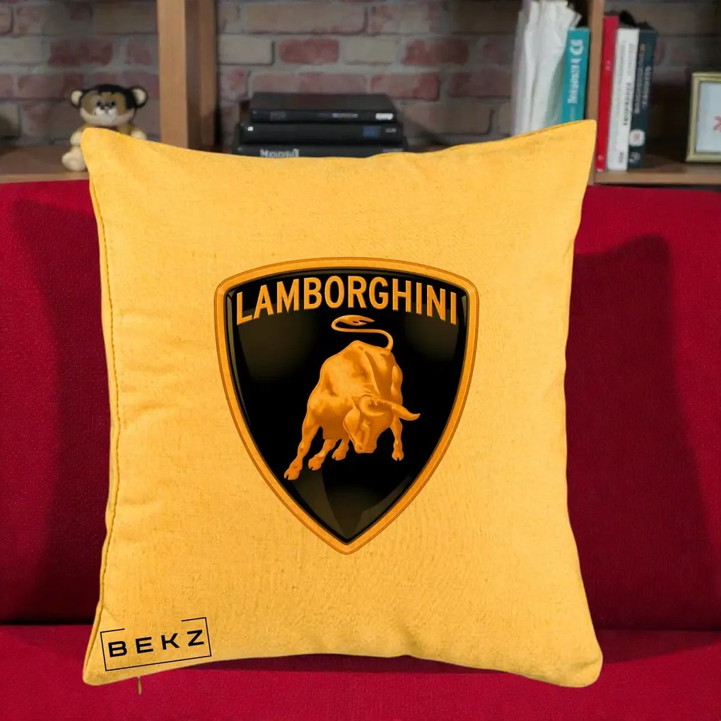 Perna Personalizata cu emblema Lamborghini, 40x40 cm, Galben, Husa Detasabila, Perna Inclusa, BEKZ®