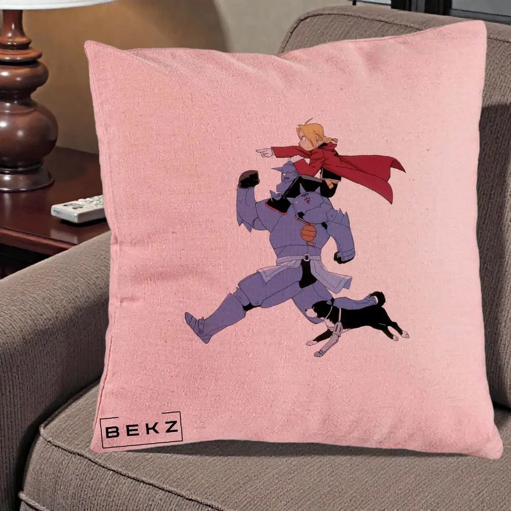 Perna Personalizata Fullmetal Alchemist Edward si Alphonse, 40x40 cm, Roz, Husa Detasabila, Perna Inclusa, BEKZ®