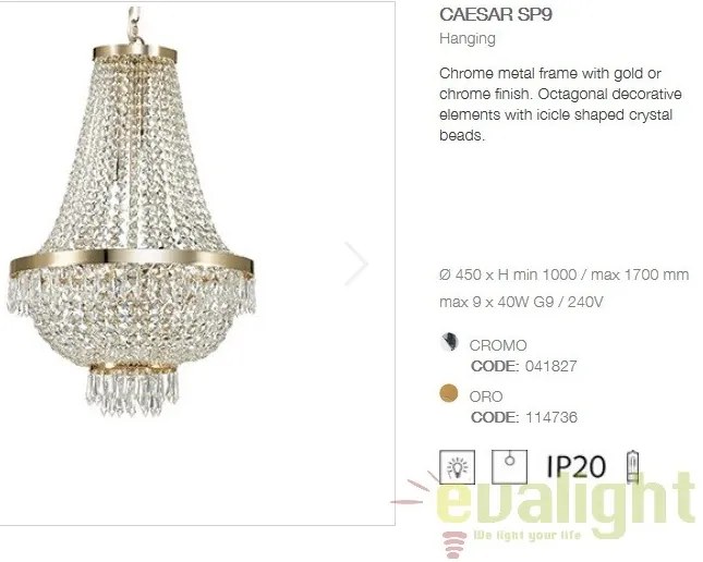 Lustra, Pendul cristal, inaltime reglabila, diam.45cm, CAESAR SP9 ORO 114736