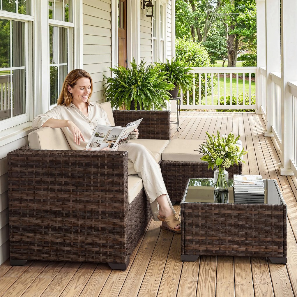 Outsunny Set de grădină exterior din ratan 5 piese cu perne 2 fotolii de colț fotoliu fără brațe taburet și masă | Aosom Romania