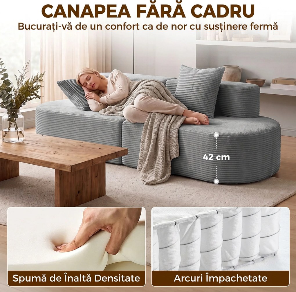 HOMCOM Canapea modulară 3 locuri, cu șezut lat și adânc, arcuri împachetate individual, catifea reiata, gri deschis | Aosom Romania