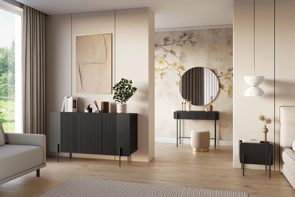 Comodă Malmi 150 cm cu trei uși - negru mat / picioare negre