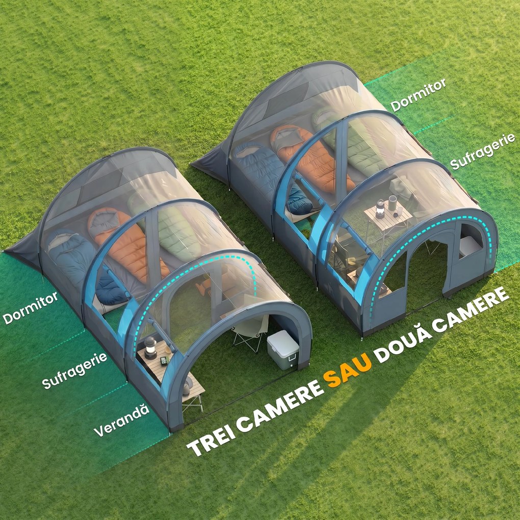 Outsunny Cort de Camping Impermeabil, Cort cu 5 Locuri, Zonă Separată de Dormit și Living, 480x260x200 cm, Gri și Albastru | Aosom Romania