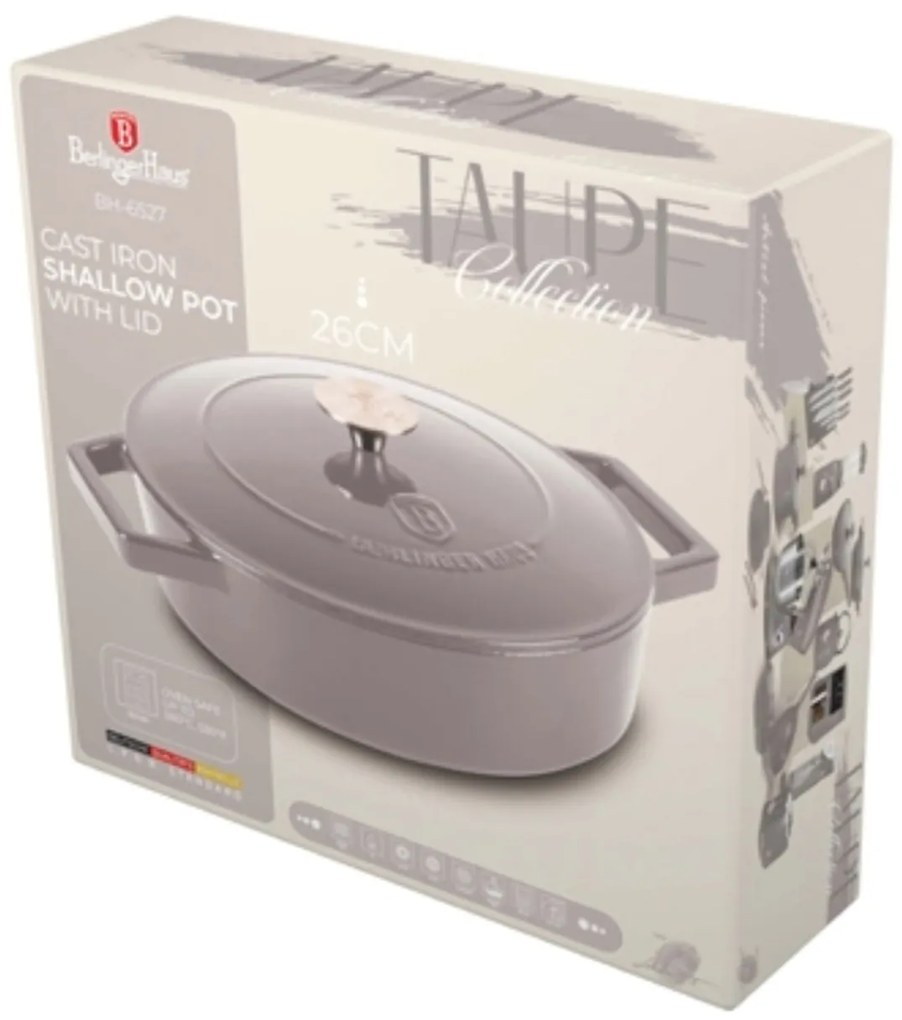 Cratiță din fontă emailata cu capac 26 cm, 2.57 L Berlinger Haus Taupe Collection BH 6527, pentru gătit lent, compatibilă cuptor/plite