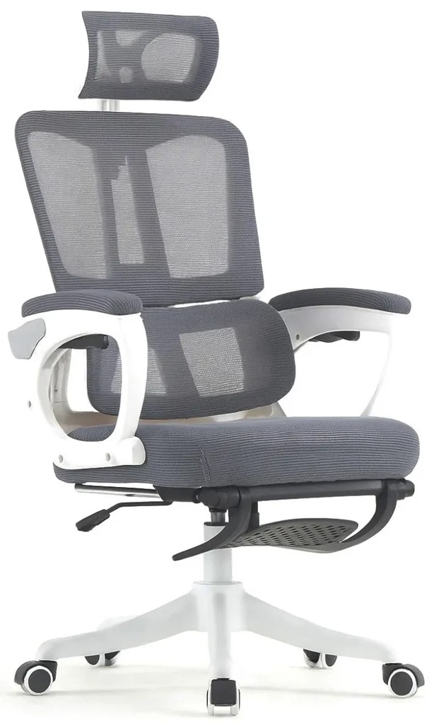 Scaun ergonomic cu suport lombar, tetieră reglabilă, suport pentru picioare, pivotant, Mesh, Alb/Gri