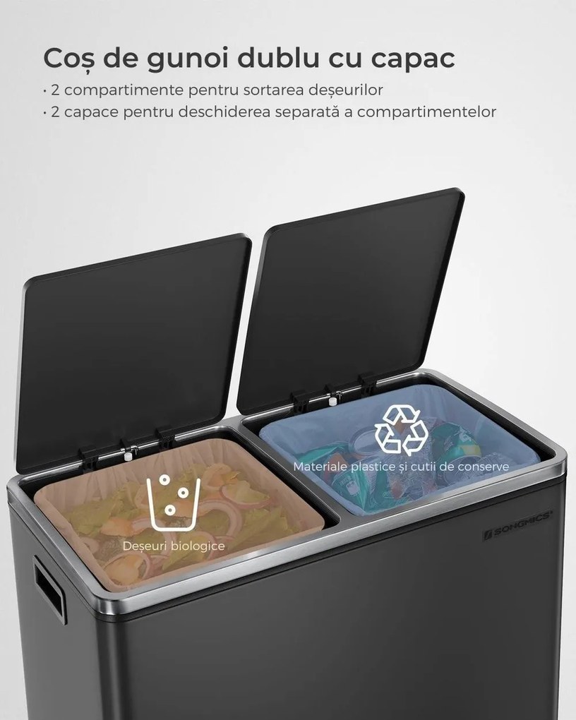 Coș pentru sortarea deșeurilor SORT, 2x30 l + saci de gunoi, negru/argintiu SongmicsHome