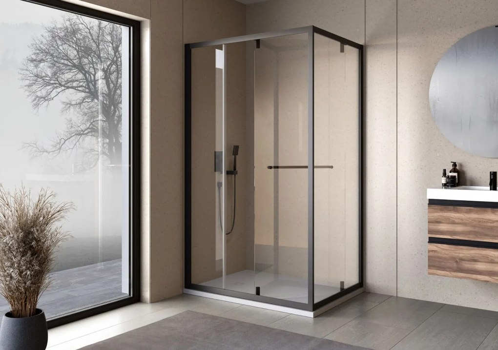 Cabina dus patrata cu usa glisanta rotativa KolpaSan Stellar DW 90x90 cm, negru mat