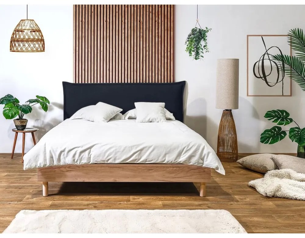 Pat matrimonial albastru închis/natural cu somieră 180x200 cm Charlie – Bobochic Paris