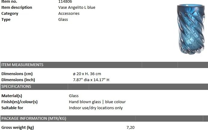 Vaza flori, Vas decorativ Angelito L albastru 114806 HZ
