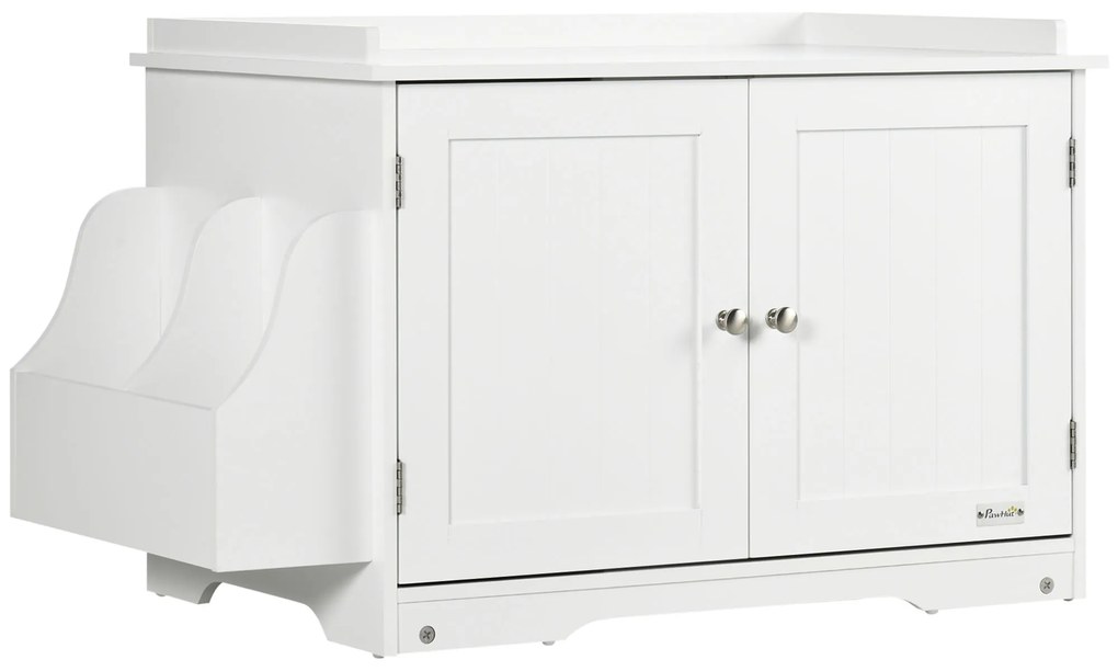 PawHut Mobilier Acoperit pentru Litieră cu Separator Interior Reglabil, Intrare Laterală și 2 Uși, 86x48x52 cm, Alb | Aosom Romania