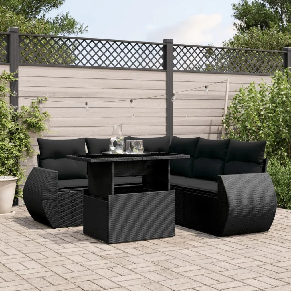 3268525 vidaXL Set mobilier de grădină cu perne, 6 piese, negru, poliratan