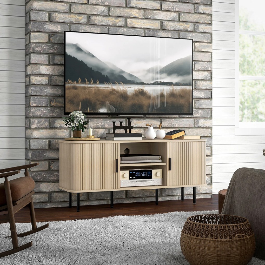 HOMCOM Dulap TV cu 2 Dulapuri, 2 Rafturi și 2 Orificii pentru Cabluri, Mobilier TV din Lemn, 120x40x55 cm, Lemn Natural | Aosom Romania