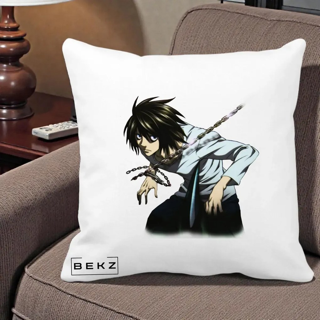 Perna Personalizata Death Note L Lawliet Lanturi, 40x40 cm, Alba Mata, Husa Detasabila, Perna Inclusa, BEKZ®