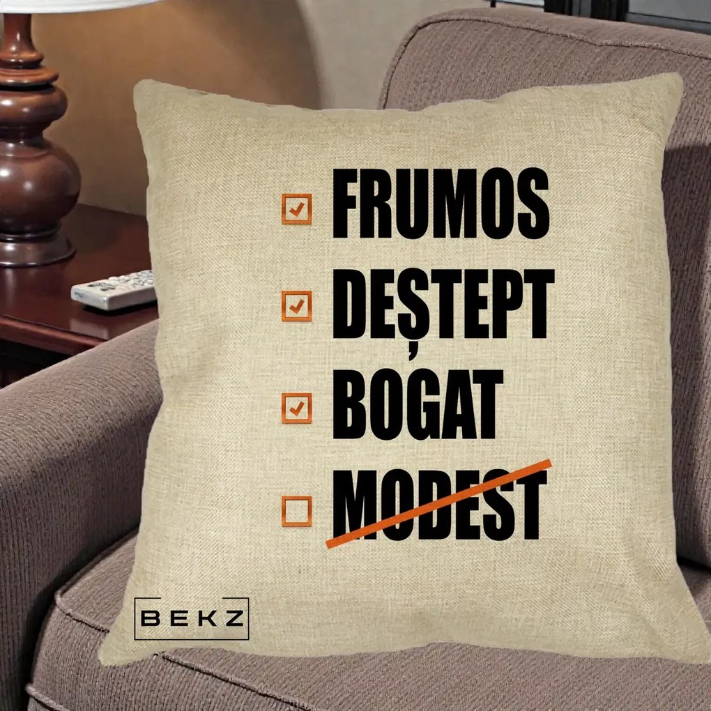 Perna Decorativa Frumos Destept Bogat, 40x40 cm, Crem, Husa Detasabila, Perna Inclusa, BEKZ®