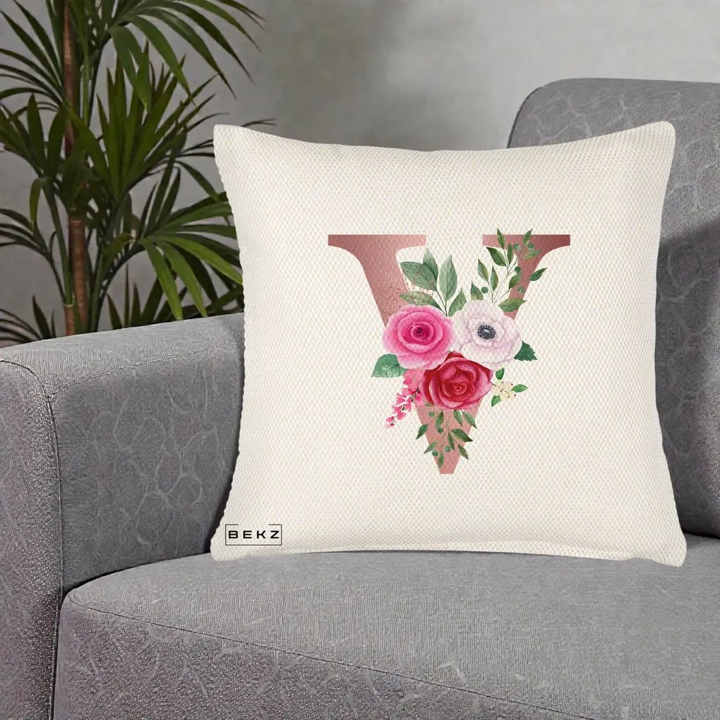 Cadou Personalizat - Perna Personalizata Monograma Rose Gold Litera V, 40x40 cm, Crem Reliefat, Husa Detasabila, Perna Inclusa, BEKZ®