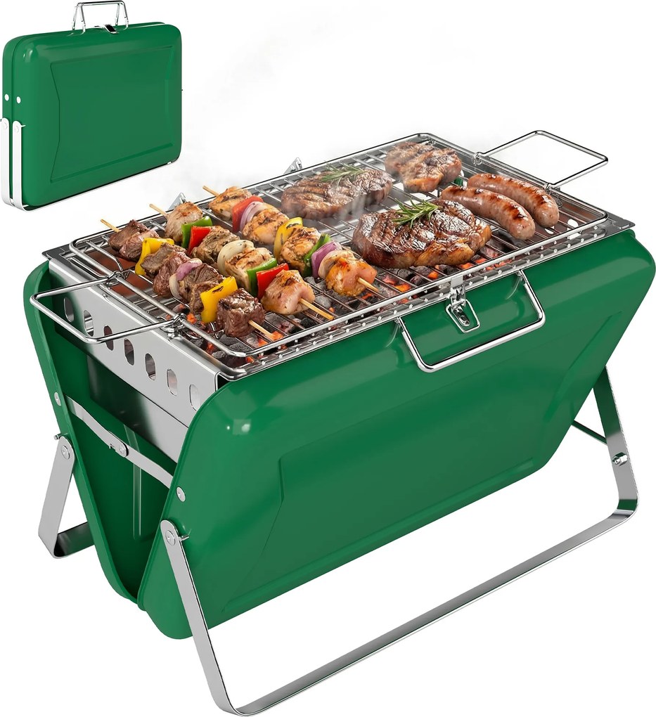 Outsunny Grătar pe cărbune pliabil, grătar portabil, mâner și picioare rabatabile, pentru grădină, terasă, camping, verde | Aosom Romania
