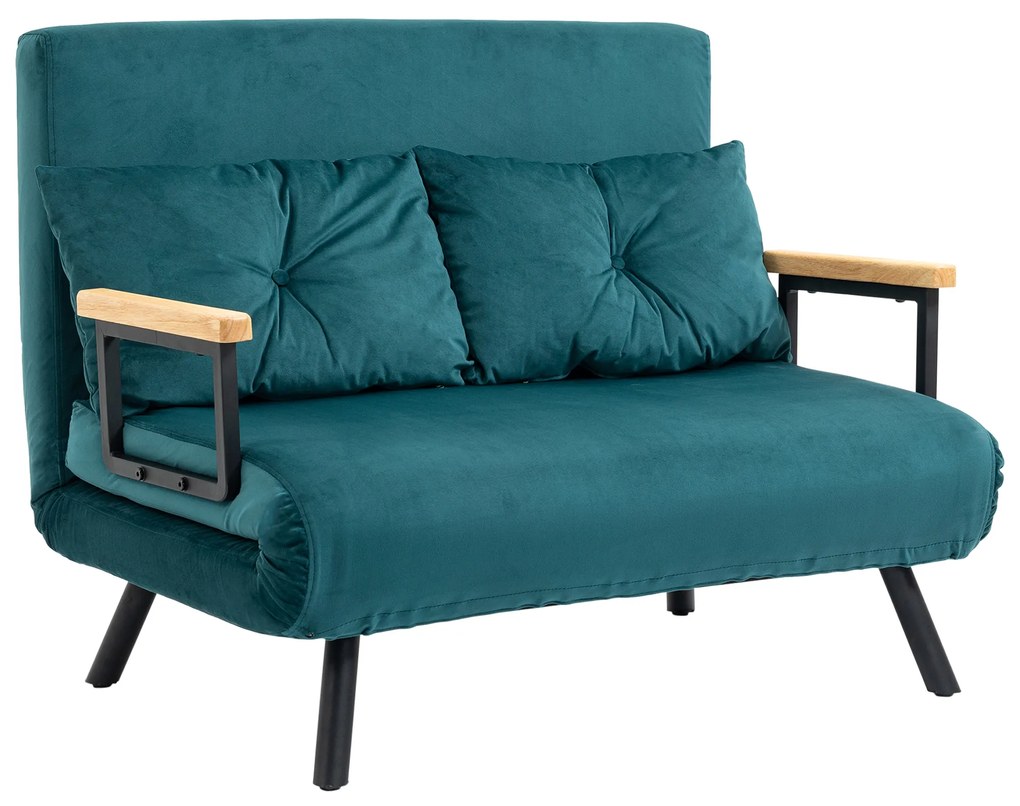 HOMCOM Canapea Dubla Extensibila 3 in 1 Catifea cu Spatar Reglabil pe 5 Niveluri si Perne Capitonate, Verde marin | Aosom Romania