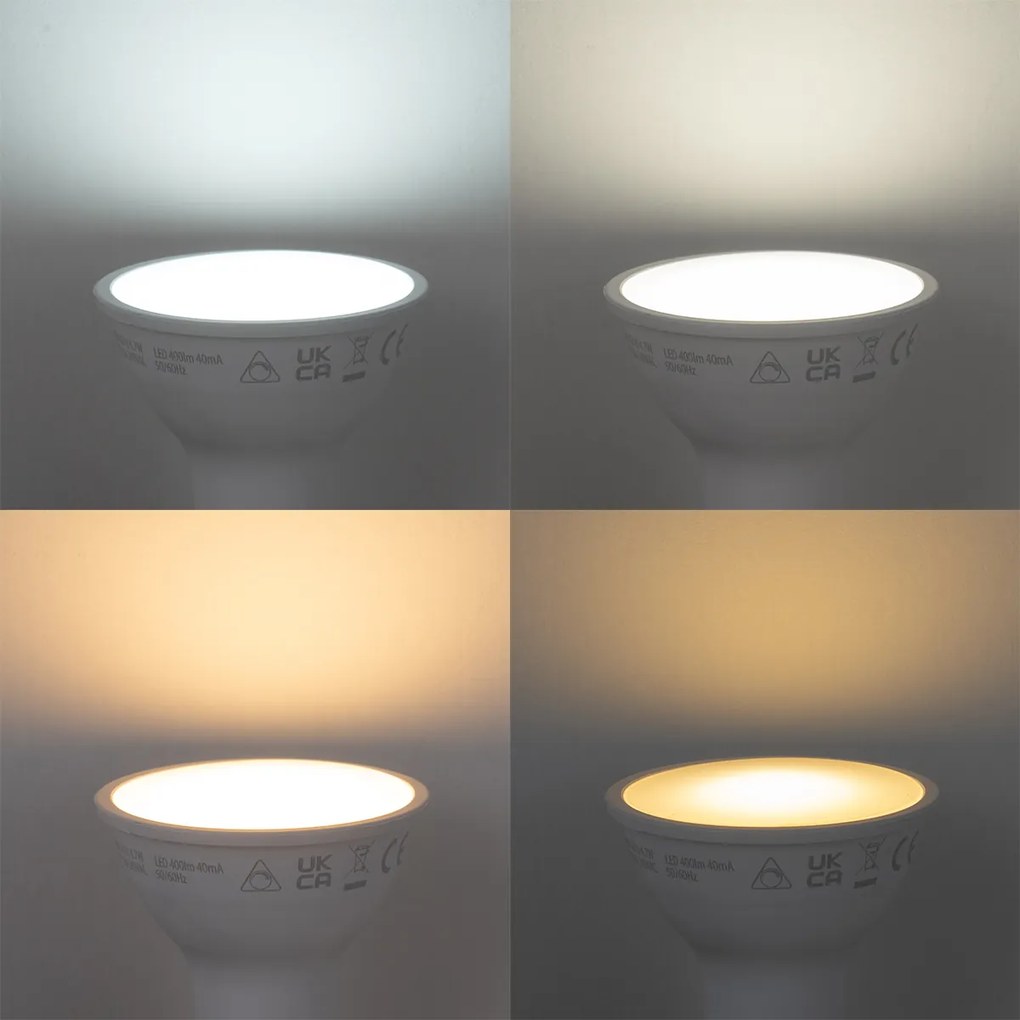 Set de 5 becuri LED inteligente GU10 50mm, reglabile, opale, RGBW, 4.7W, 400 lm, 2700-6500K, Zigbee