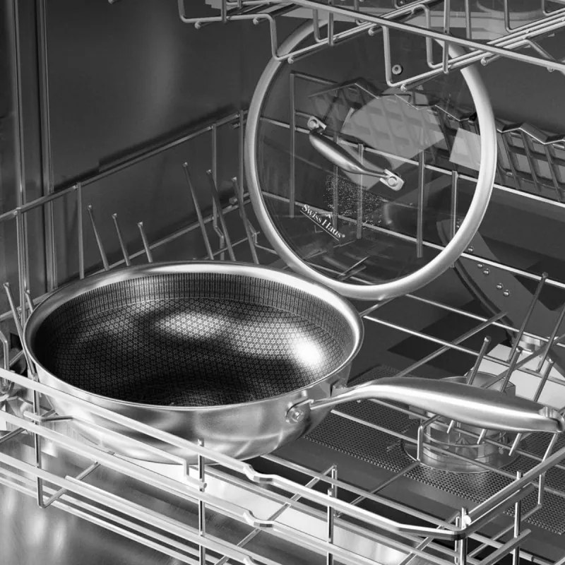 Tigaie wok cu capac Swiss Haus SteelCRAFT SH-ZGW30, 30 cm, 4,8 l, Interior cu relief pentru prajire, Acoperire ceramica Sapphire, Cuptor pana la 260°C, Pentru toate plitele inclusiv inductie, Argintiu
