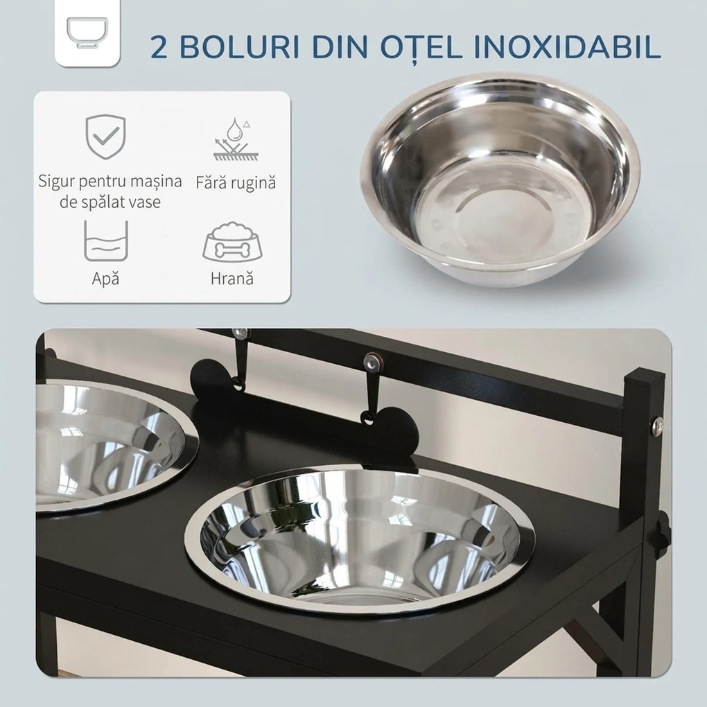 PawHut Boluri pentru Câini cu Înălțime Reglabilă și Plăcuță de Identificare, 2 Boluri din Oțel pentru Apă și Mâncare, 40.5x22x39 cm, Negru