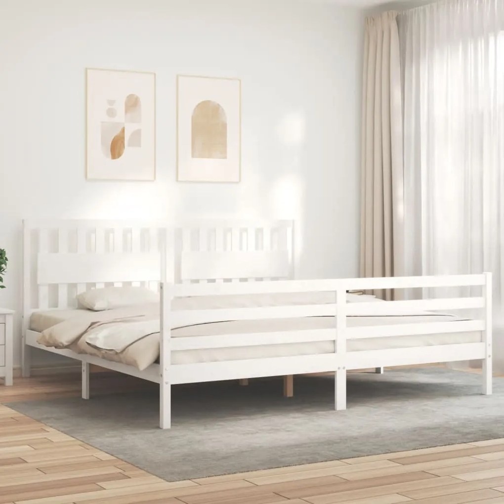 3194332 vidaXL Cadru pat cu tăblie 200x200 cm, alb, lemn masiv
