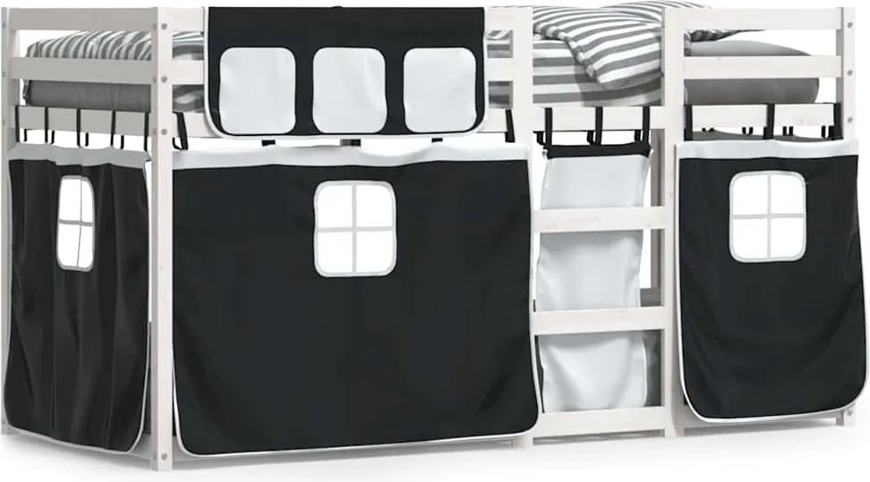 vidaXL Pat supraetajat de copii perdele, alb/negru, 90x200 cm lemn pin