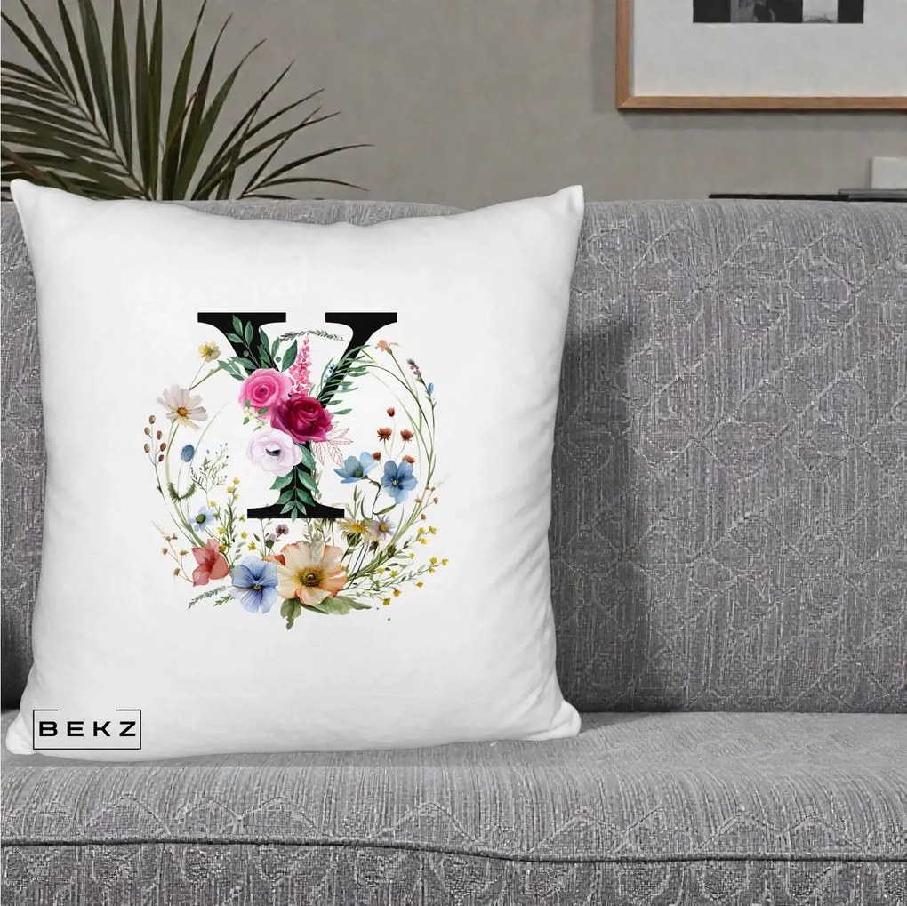Cadou Personalizat - Perna Personalizata Monograma Florala Litera Y cu Coroana, 40x40 cm, Alb Pufos, Husa Detasabila, Perna Inclusa, BEKZ®