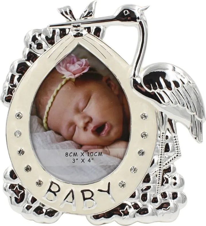 Ramă Foto BABY Barză Argintie AZAY cu Cristale, 8x10 cm, Ramă Foto Nou-Născut, Cadou Botez Băiat sau Fetiță, Cutie Cadou